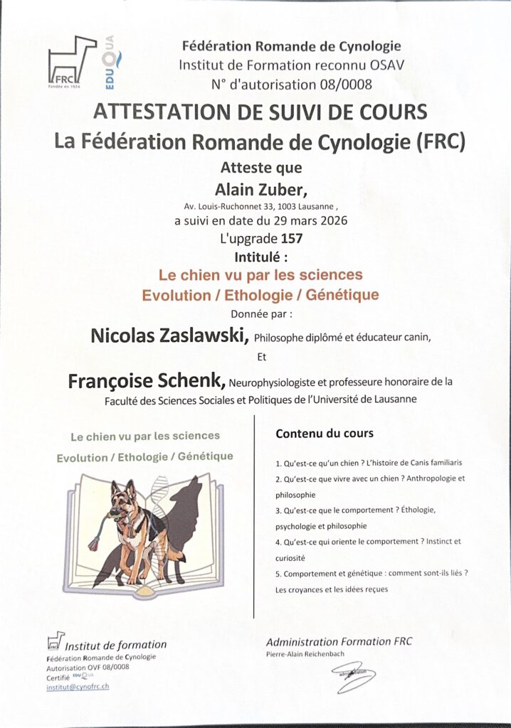 Attestation de suivi de cours en cynologie.